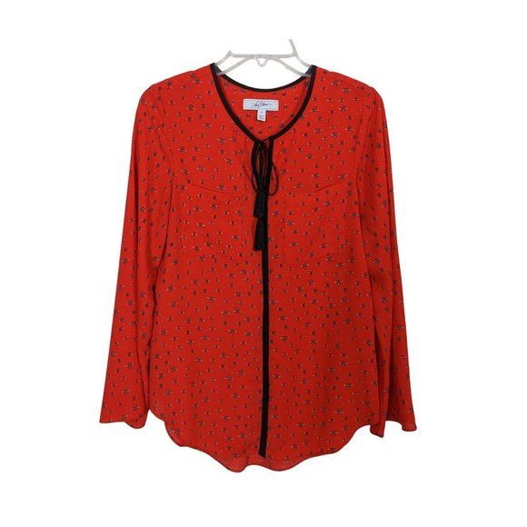 Libby Edelman red tunic bee print with tassel‎ tie in front long sleeve blouse S - Picture 1 of 7